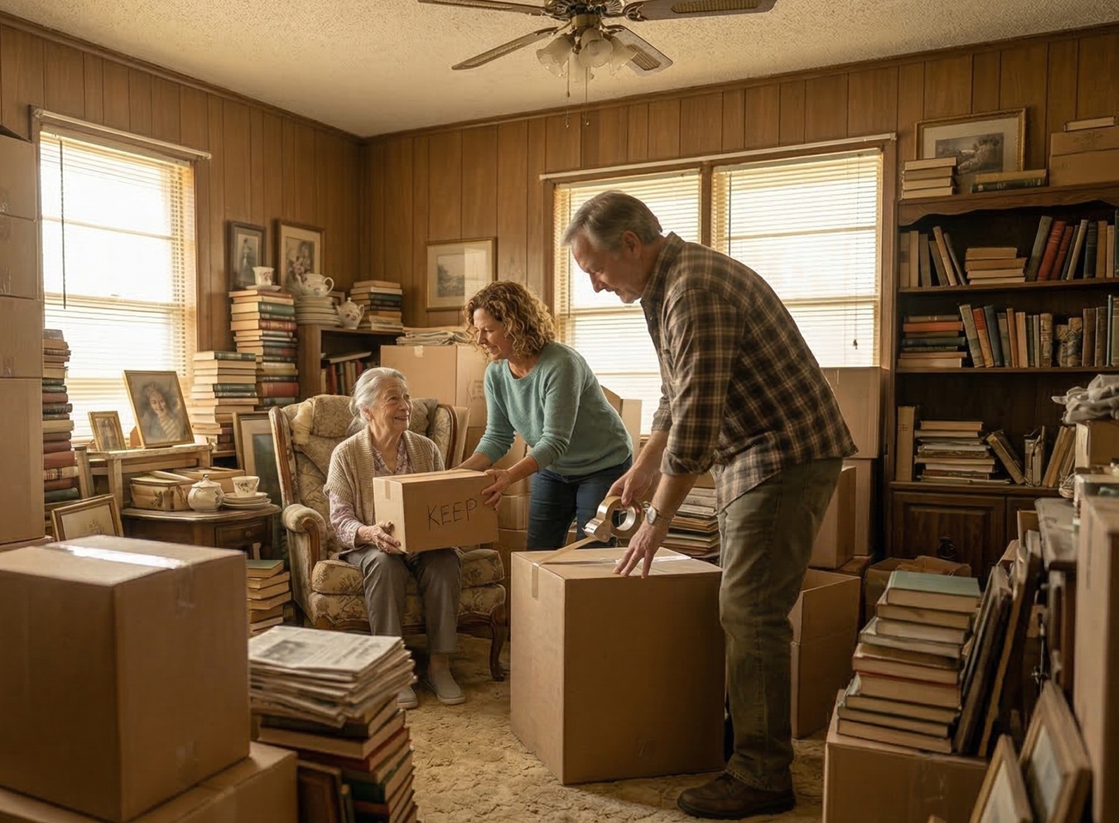 Couple sorting through belongings during a move